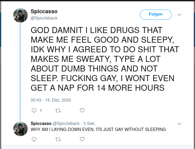 Twitter post by "Spicci" about drug usage.