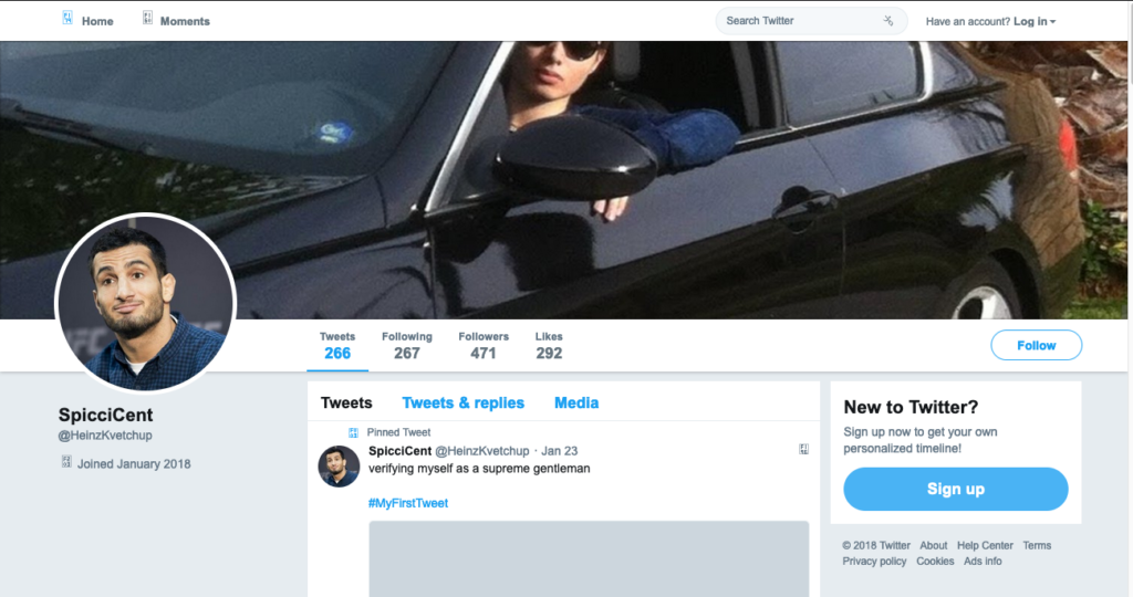 Another example of "Spicci" using the image of incel murderer Elliot Rodger on his Twitter page.
