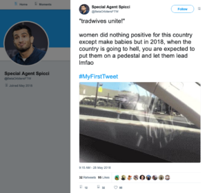 A misogynistic tweet by "Spicci." In this post he used an image taken from inside the car of incel murderer Elliot Rodger.