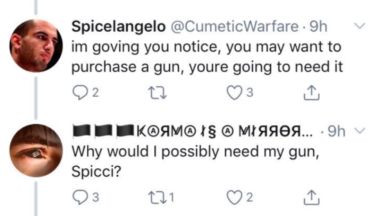 "Spicci" threatens antifascist Karma161 on Twitter: "you may want to purchase a gun, you[']re going to need it.