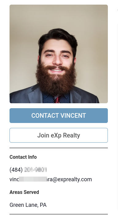 Vincent Cucchiara's contact page at eXp Realty. His contact information is public, but we have redacted it to comply with this platform's terms of service.