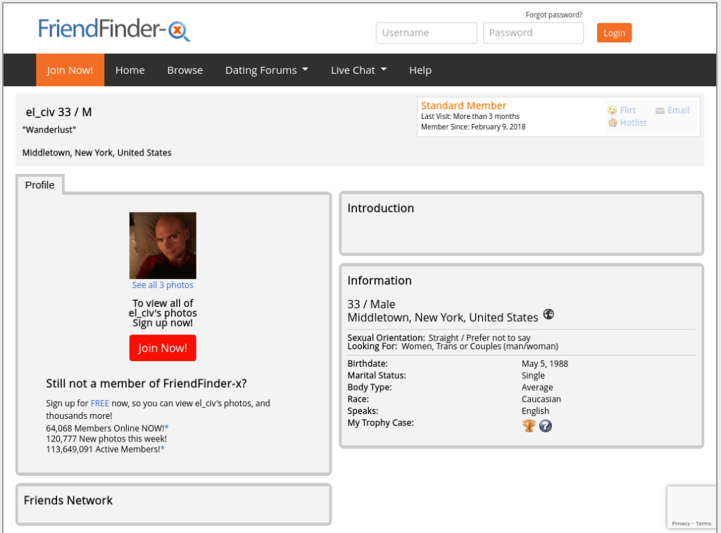 John R. Metz (aka "El_Civ," aka "Jack McKraken") on the dating site FriendFinder-X.