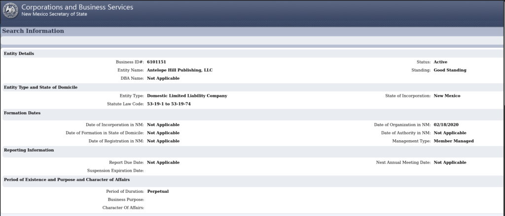 Antelope Hill Publishing formed as a limited liability company in New Mexico on February 18, 2020.