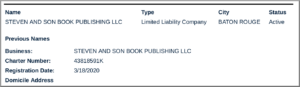 Antelope Hill Publishing was listed as an officer for the Louisiana limited liability company Steven and Son Book Publishing LLC. The domicile and mailing address would turn up again in the massive leak of Epik.com by Anonymous. 