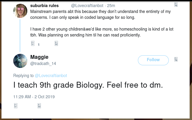 Posting as @tradcath_14 "Maggie" states that she is a 9th grade biology teacher.