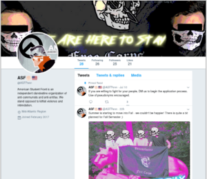 An archived view of the American Student Front Twitter account. Note the use of skull and "fashwave" imagery popular with neo-Nazi movements.