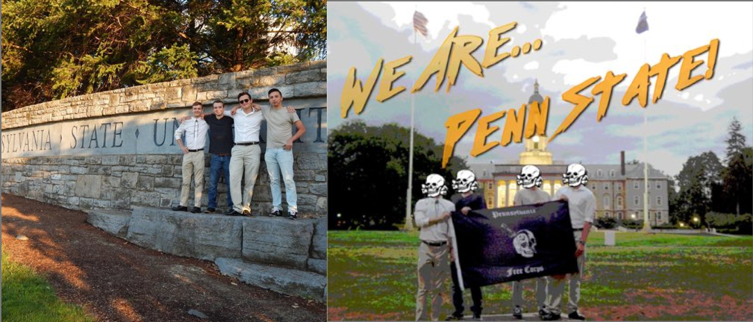 The photo on the left was posted on the Facebook page of Kevin Fenchak. The photo on the right was posted to the ASF Penn Twitter account. Although the faces on the photo on the right have been obscured, they are clearly wearing the same clothes. From left to right, unidentified person, David Marulanda, Dimitri Loutsik and Kevin Fenchak. (Source: Twitter @JackTheCapn).