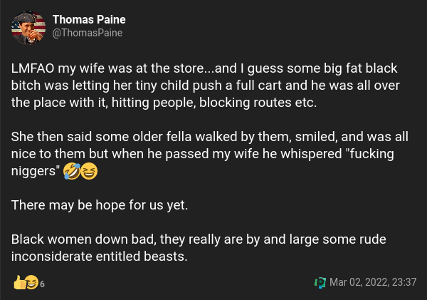 "Black women ... really are by and large some rude inconsiderate entitled beasts," writes "Thomas Paine."