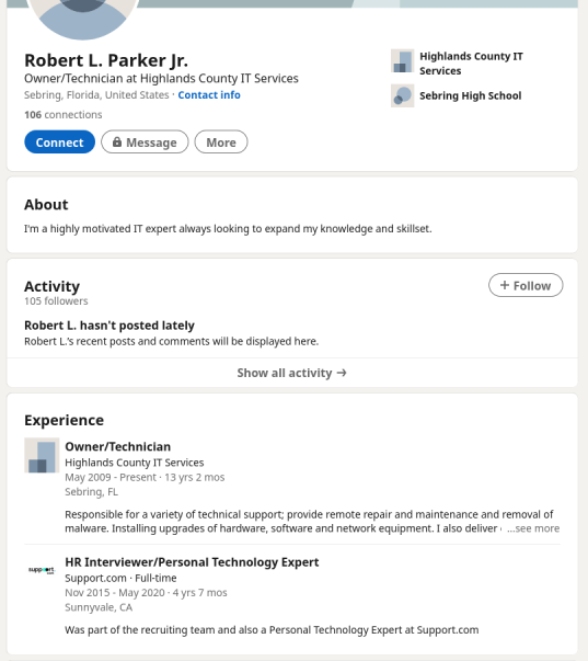 A view of Robert Lee Parker Jr's LinkedIn page.