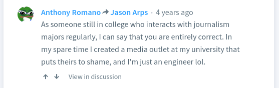 Cucchiara commented that he wrote for "Fash The Nation" and that he studied engineering on Disqus.