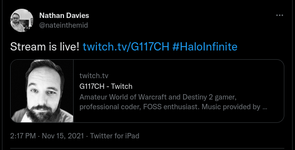 Nathan Davies on his Twitter timeline advertising his Twitch stream. 