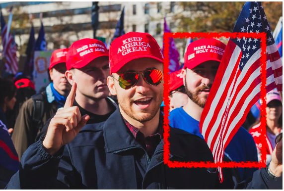 Fuentes tried to disavow Joseph Brody as a "Groyper," but in fact Brody was a "Groyper" and had participated in many of their events. Brody (in the red box) is seen here wearing an "America First" t-shirt.