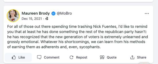 Maureen Brody thinks highly of Nicholas Fuentes on Gab.