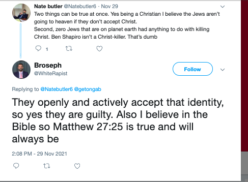 Antisemitic post by Brody on Twitter, posting as "Broseph @WhiteRapist."