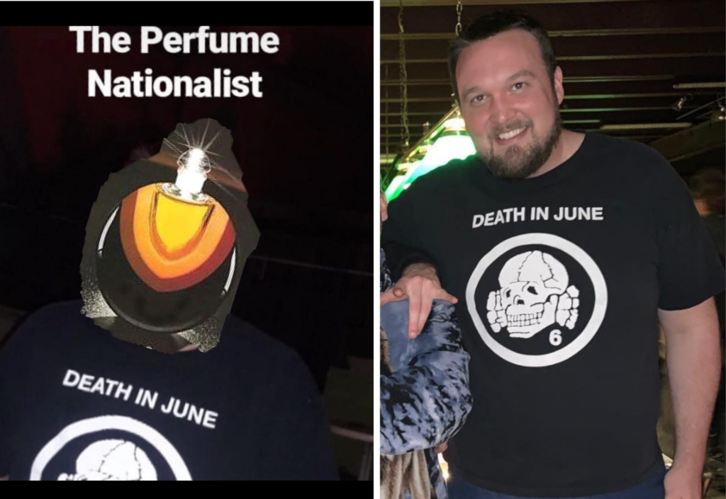 Cover your face all you want, but wearing a Nazi-friend band t-shirt is going to give you away. Jack Mason, aka "The Perfume Nationalist."