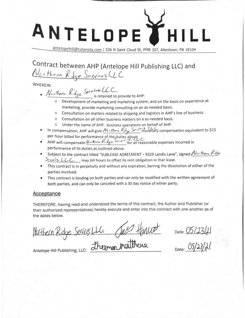 Copy of a contract between James/"Postal Worker" and Antelope Hill Publishing LLC.