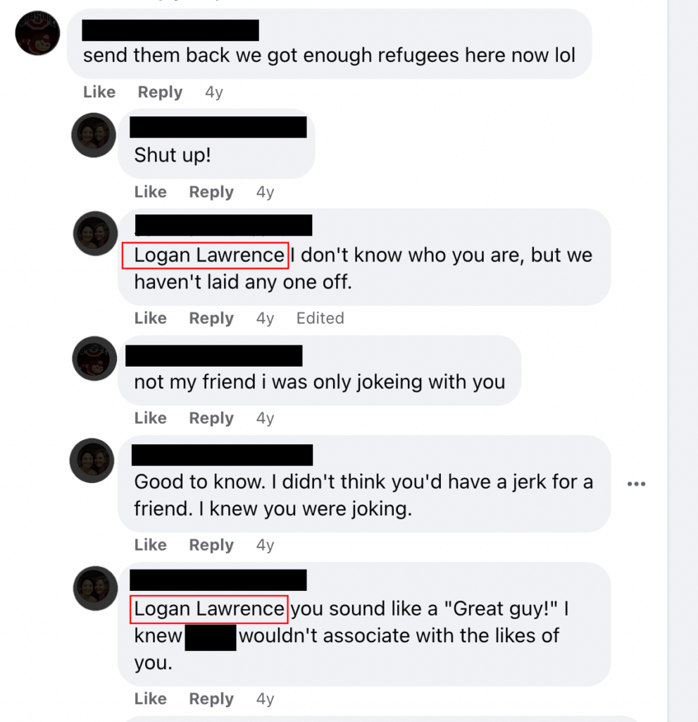 Logan Lawrence trolling on Facebook about the Hurricane Maria evacuees.