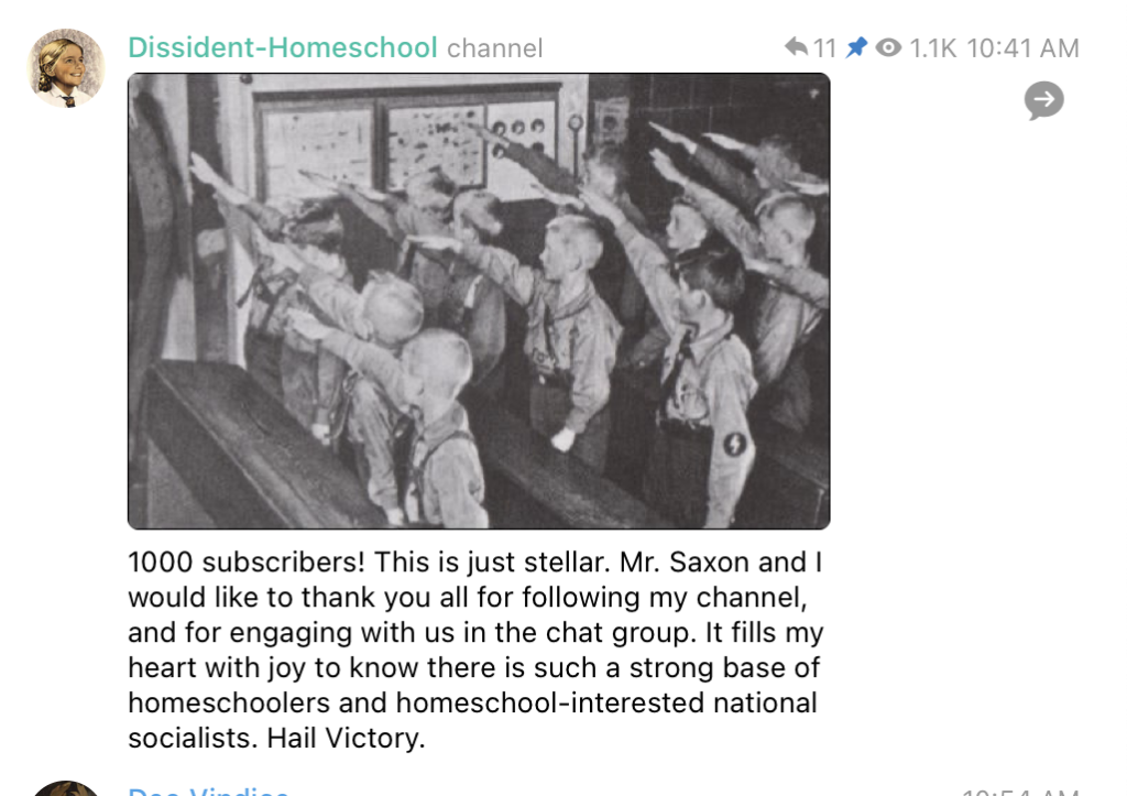 The Dissident Homeschool celebrating their 1000 subscribers with a photo of Nazi youth.