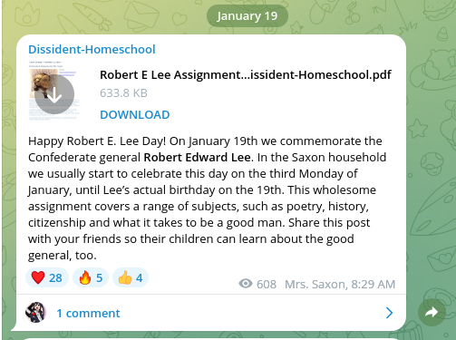"Mrs. Saxon" celebrating the birthday of Confederate general Robert E. Lee with a "Dissident Homeschool" lesson plan.