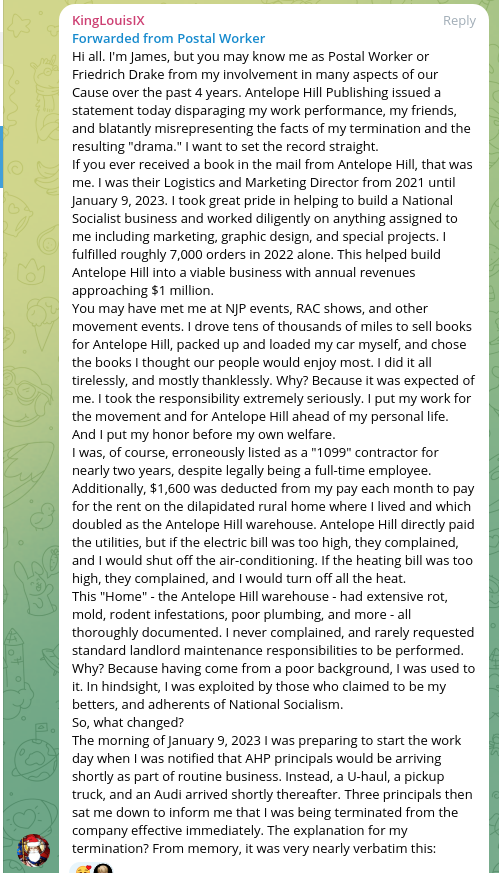 "James" aka "Postal Worker" on Telegram regarding his situation with Antelope Hill Publishing.