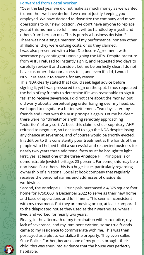 "James" aka "Postal Worker" on Telegram regarding his situation with Antelope Hill Publishing.
