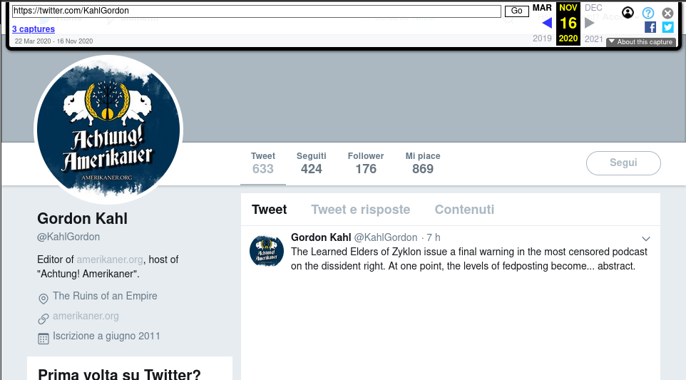 "Gordon Kahl" on Twitter as archived by the Wayback Machine.