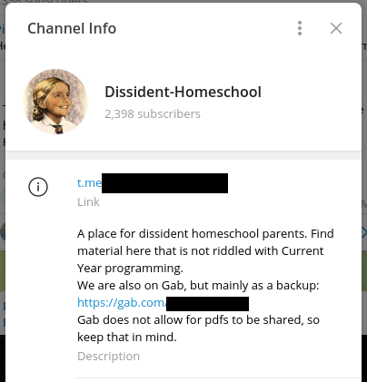 The "Dissident Homeschool" Telegram channel description.