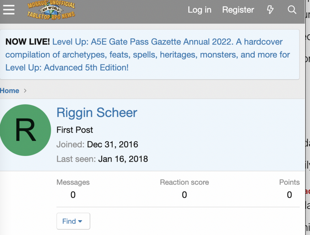 Riggin Scheer's profile on a tabletop role-playing game web site.