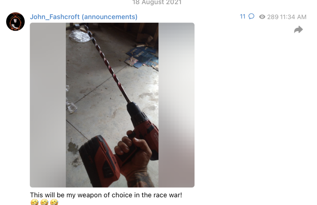 [photo of a drill]: "This will be my weapon of choice in the race war!"