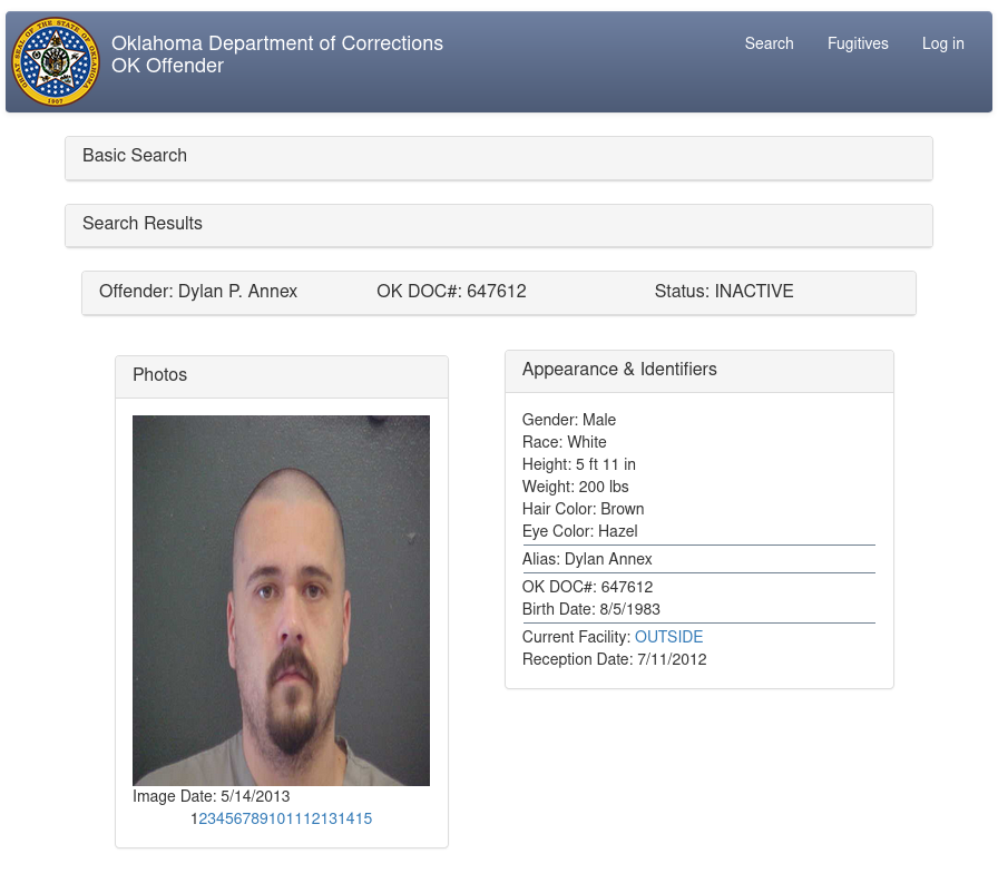 Dylan Annex as he appears on the Oklahoma Department of Corrections website.
