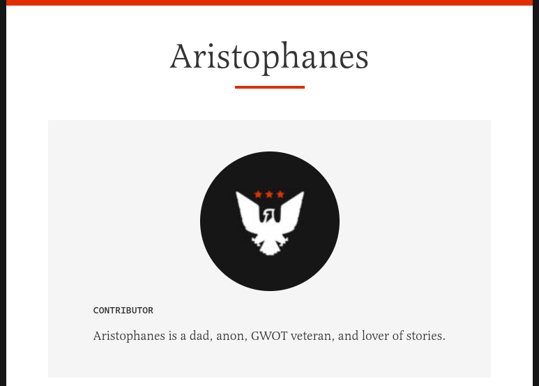 Aristophanes' pseudonymous author page at The Federalist website.