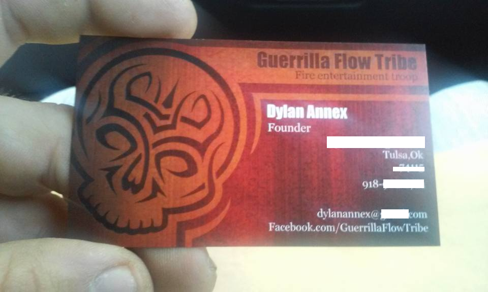 Dylan "Fashcroft" Annex's business card for his "fire entertainment troupe."