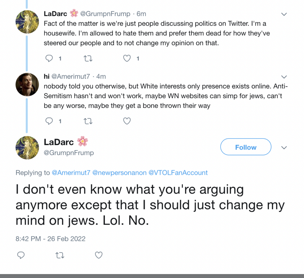 LaDarc's posts on Twitter were just as racist, antisemitic and bigoted as her current Telegram account.