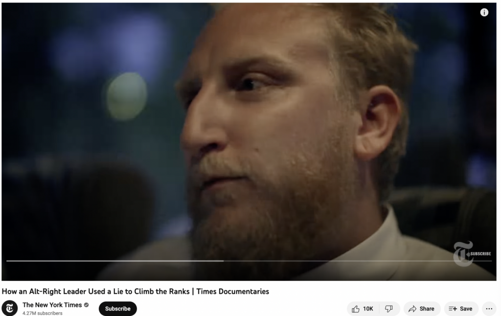 Troutman, as seen in the New York Times documentary How an Alt-Right Leader Used a Lie to Climb the Ranks on Youtube.