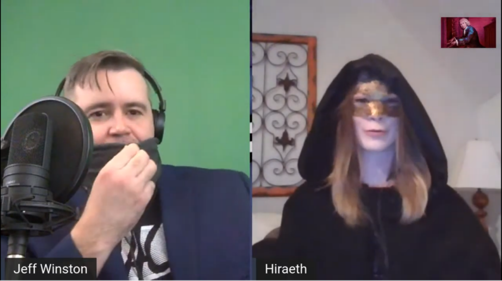 "Jeff Winston" fixes his mask during a live stream with "Hiraeth."