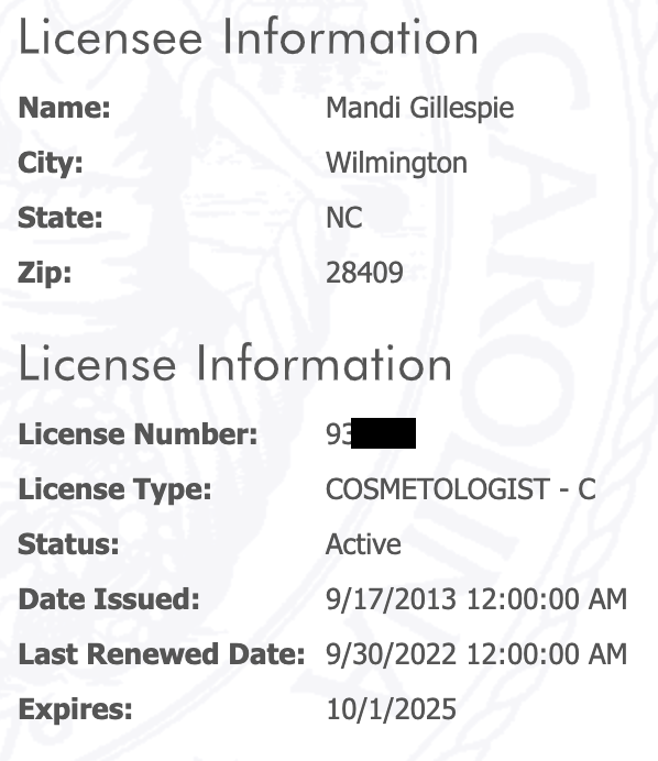 Mandi Gillespie's North Carolina cosmetology certfication.