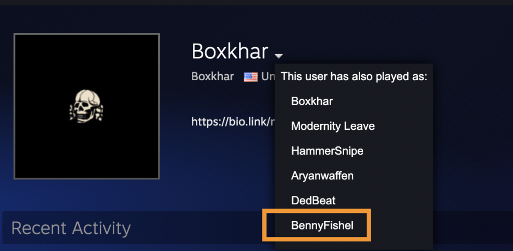 Shellabarger had used many of his Nazi aliases on his Steam account, as well as "Benny Fishel," an earlier stage name that was linked to his real name.