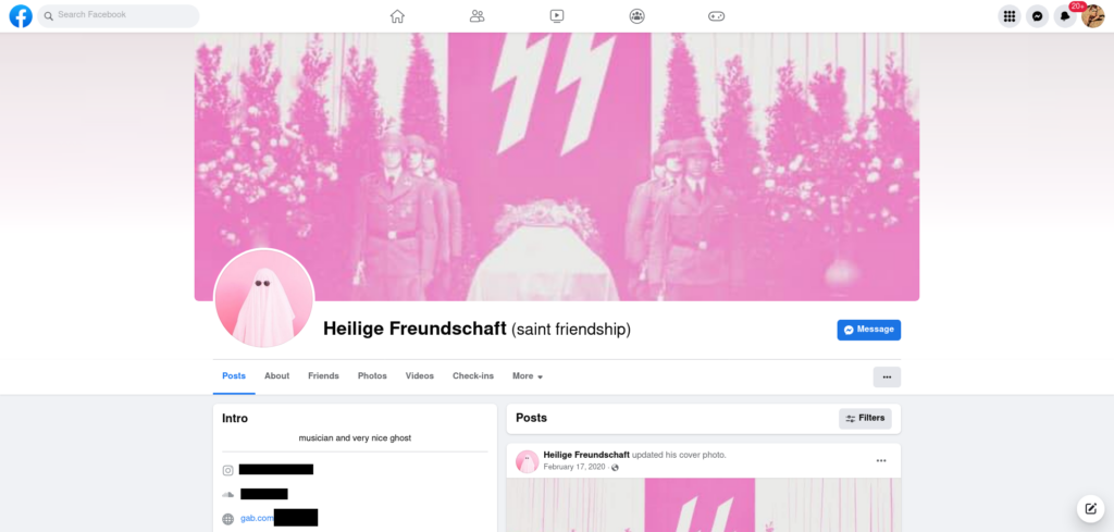 "St. Friendship" uses a an image of Nazi soldiers with an "SS" symbol on their Facebook profile.