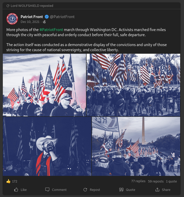 Josh Randle, writing as "Lord WOLFSHIELD" promoting a post by the neo-Nazi group Patriot Front on the right-wing social media platform Gab.