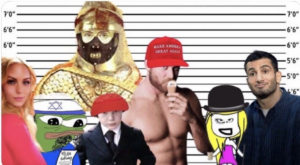 "The Shed" members used photoshopped images to represent themselves online. "Kaspa" is on the left, "Microship" is in the center with the MAGA hat and "Spicci" is represented at the right.